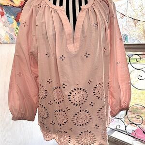 Karen Kane Light Pink Eyelet Boho Summer Cotton Peasant Blouse Small